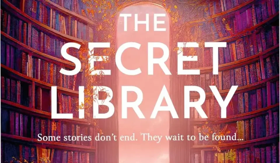Cover of The Secret Library by Amanda James featuring a magical sunlit library