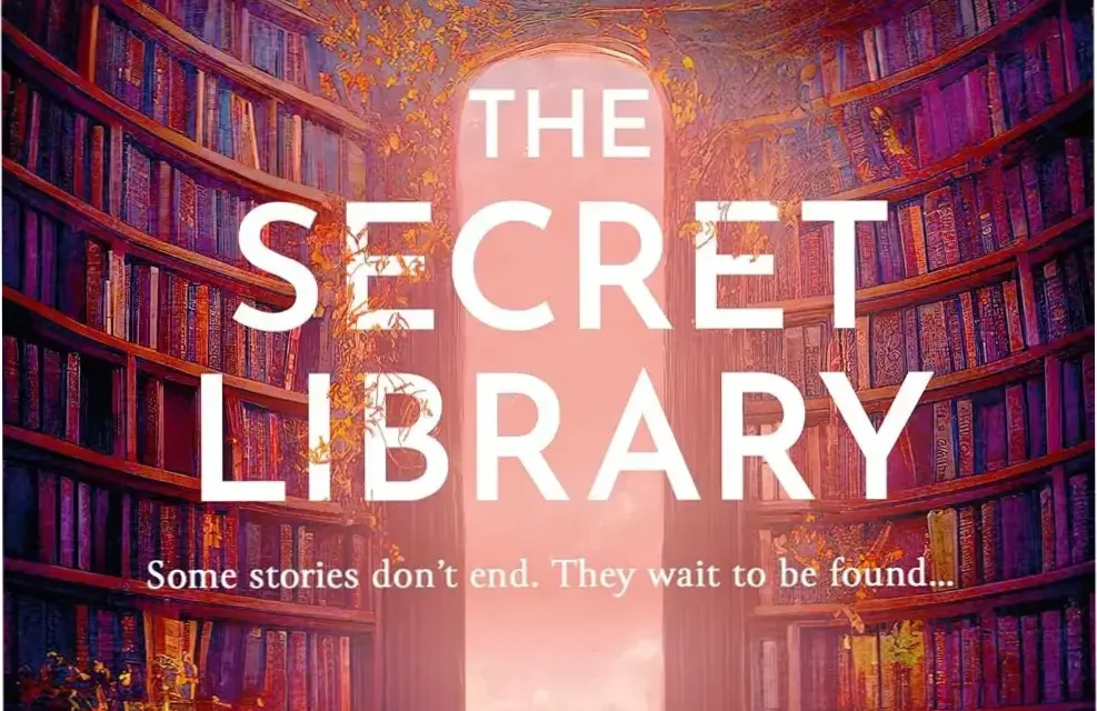 Cover of The Secret Library by Amanda James featuring a magical sunlit library
