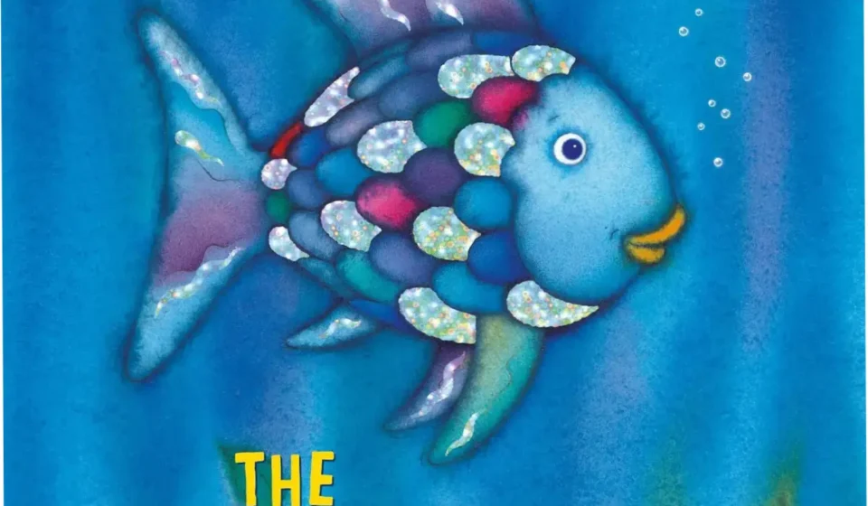 The Rainbow Fish board book featuring shimmering foil scales on a colorful aquatic background